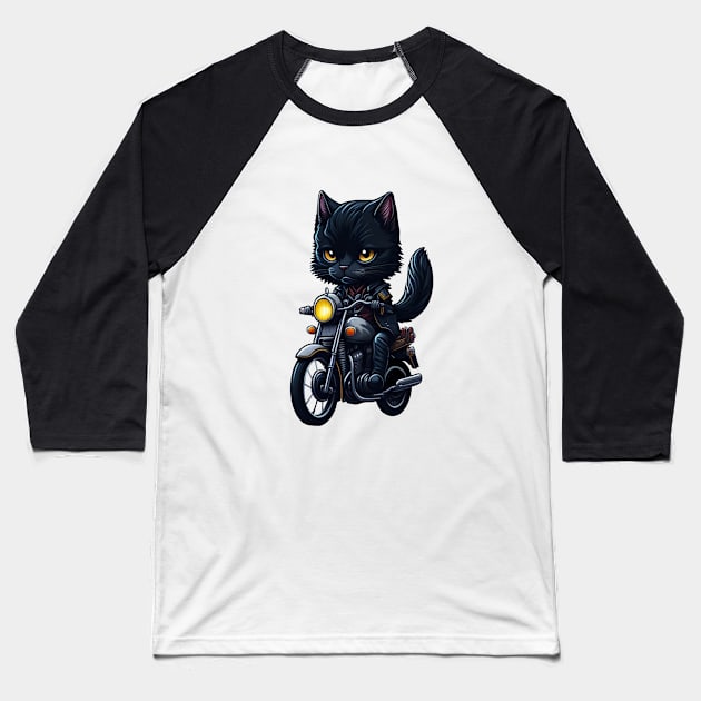 Biker Cute Black Cat Riding Motorcycle Baseball T-Shirt by Pixelate Cat